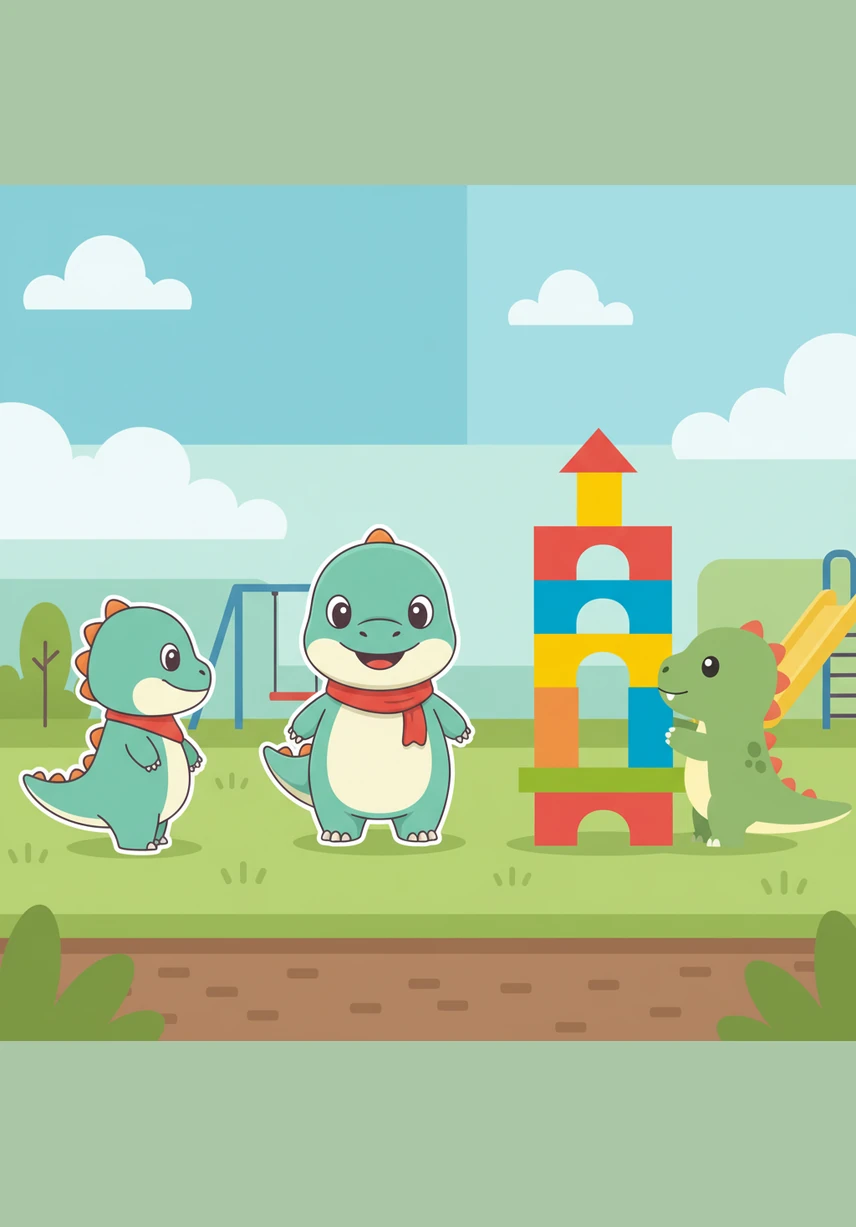 On the playground, Dash sees his friends Toby and Pip playing with a big pile of bright blocks. He stands nearby, watching them build a tall tower and wishing he could join the game.