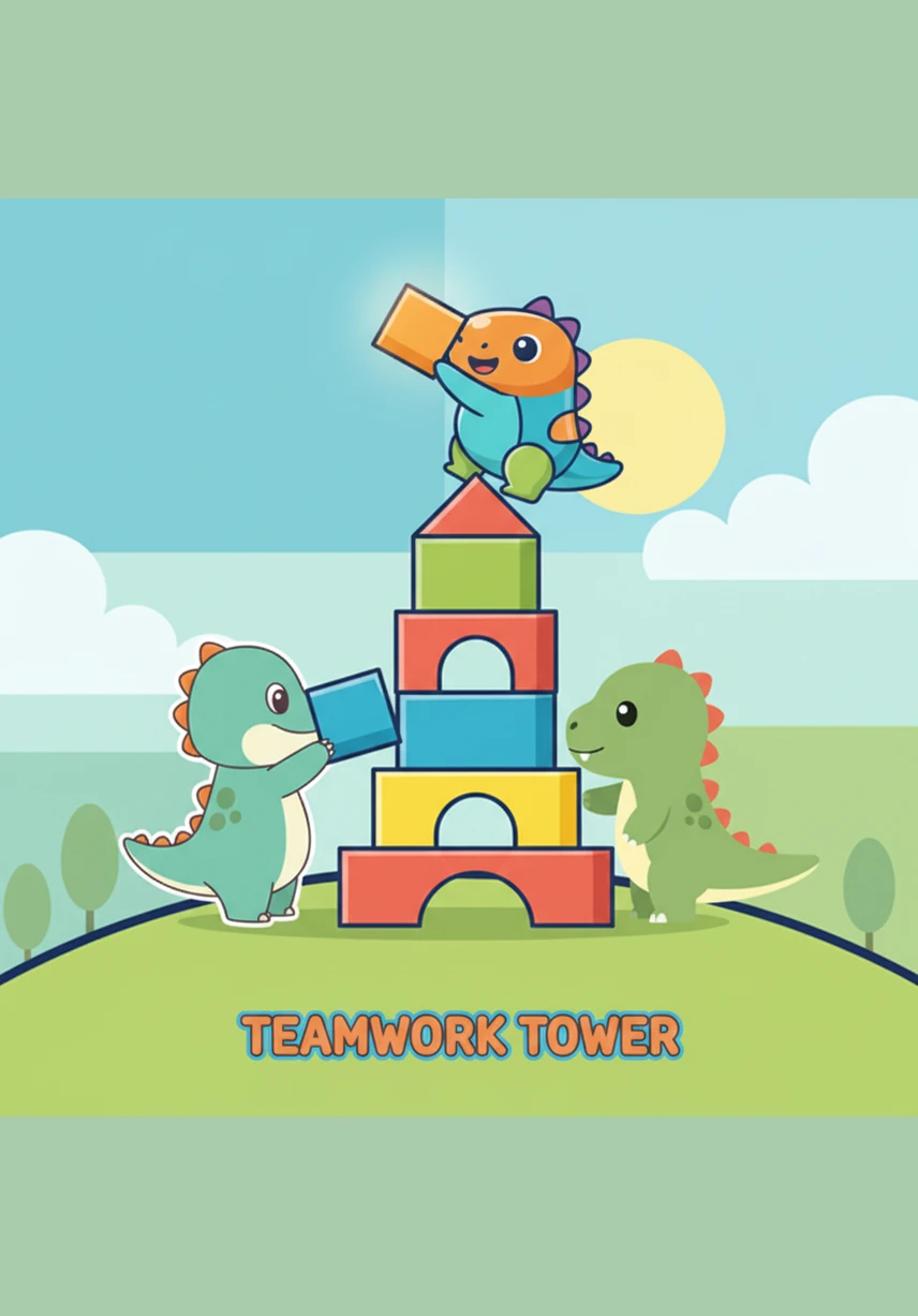 Dash points to a blue block and then points to the very top of the tower. I used my voice to share my big idea, and my friends followed my lead to finish the masterpiece.