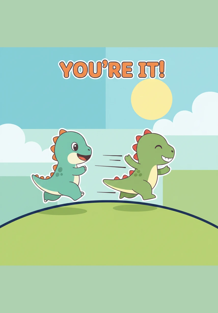 Dash uses his AAC to say 'My turn' when they start a new game of tag. My voice helps me play and makes sure everyone knows I am part of the team.