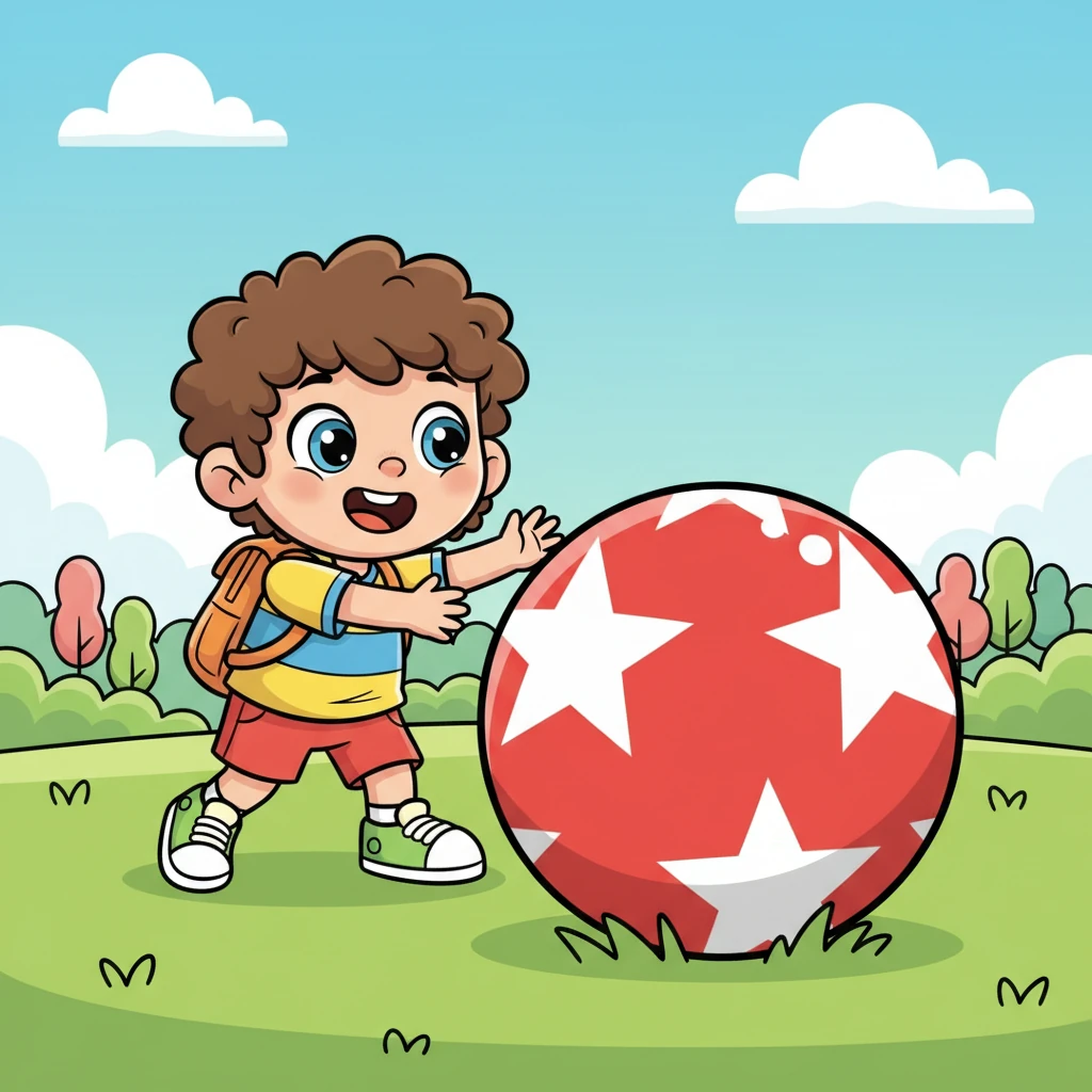Pip, a small kid, is out to play. The sun is up and bright. Pip sees a red ball. It is so big!