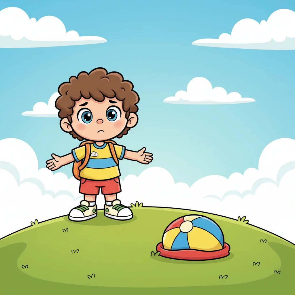 The ball is all alone. It sits on a green hill. Pip goes near the ball. Pip wants to help.