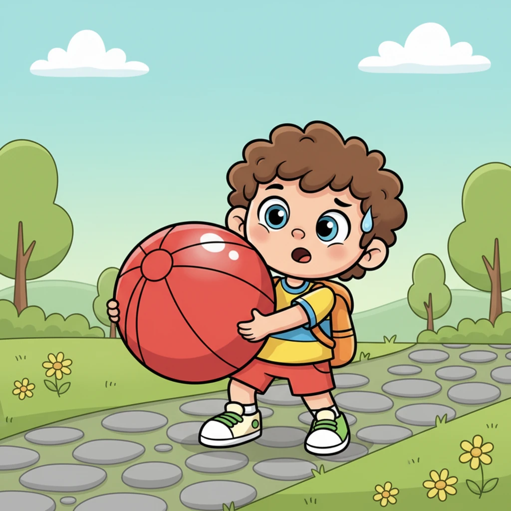 Pip picks up the big red ball. It is a bit heavy for Pip. Pip hopes to find its home.