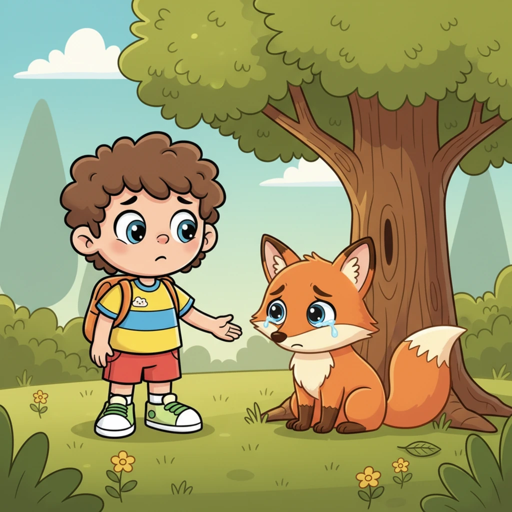 Pip sees a sad fox. The fox sits by a tree. It has big, wet eyes.