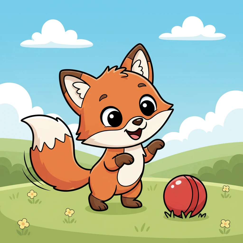 The fox sees the red ball. The fox makes a happy sound. Its tail wags fast.