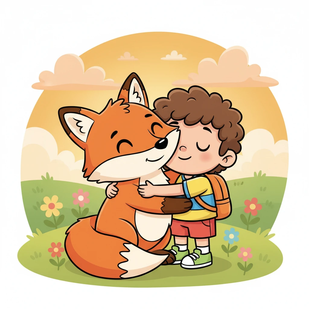 The fox gives Pip a big hug. It is a warm, soft hug. Pip feels so good.