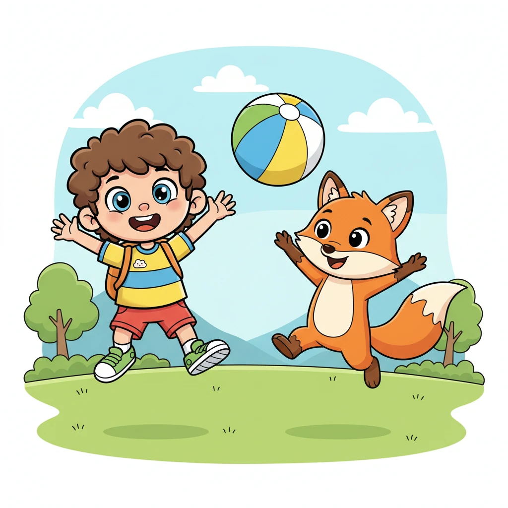 Pip and the fox play with the ball. They run and jump high. Fun is had by all.