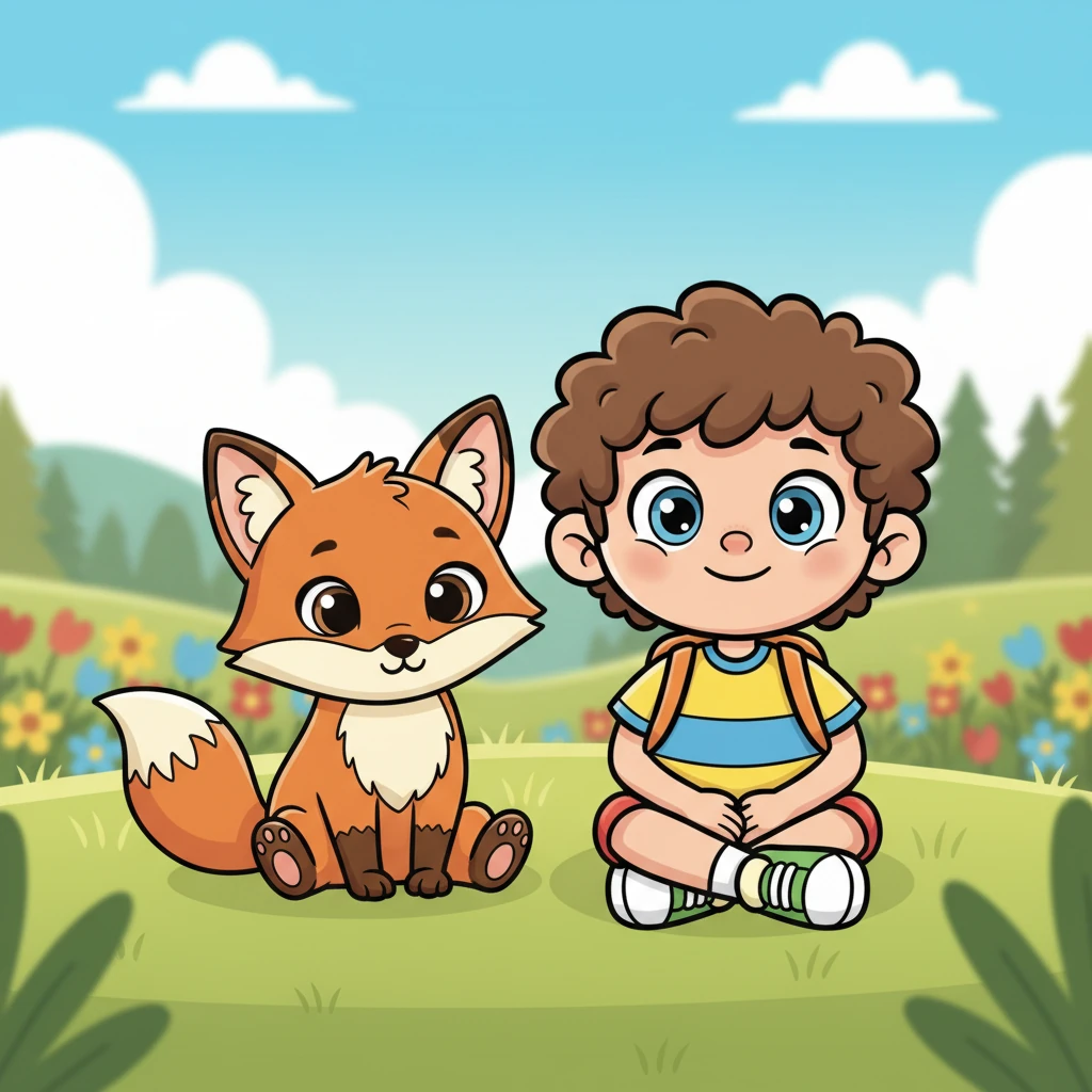 Pip and the fox are new friends. They sit side by side. What a nice day!