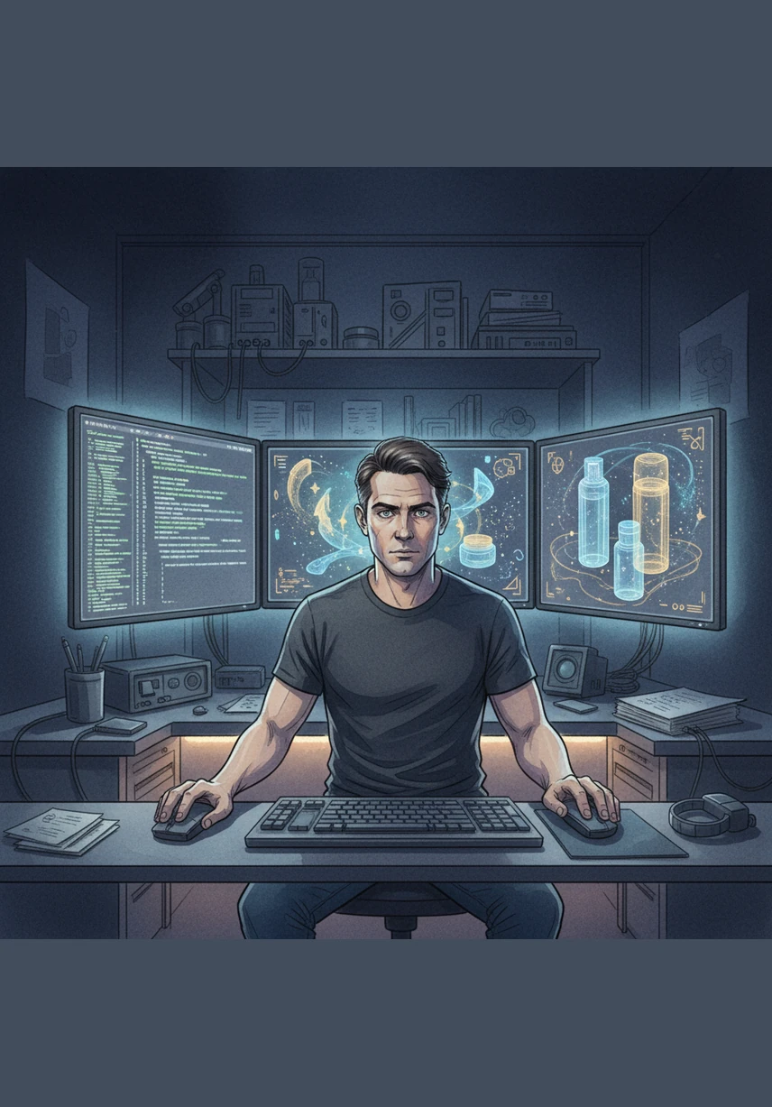 Alex sits in a dimly lit studio, surrounded by glowing monitors showing lines of code and ethereal 3D wireframes. His eyes sparkle with the vision of a digital world where luxury beauty products float in a soft, dreamlike space.