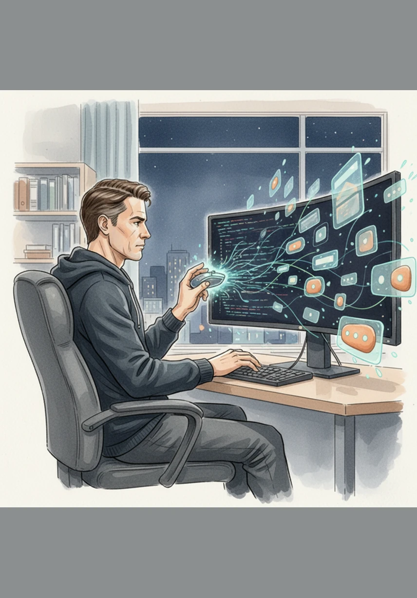 With a flick of his fingers, Alex begins crafting the core of the experience using Three.js, bringing a blank void to life. Transparent glass panels and soft clay-like buttons begin to drift into view, responding to every movement of his mouse.