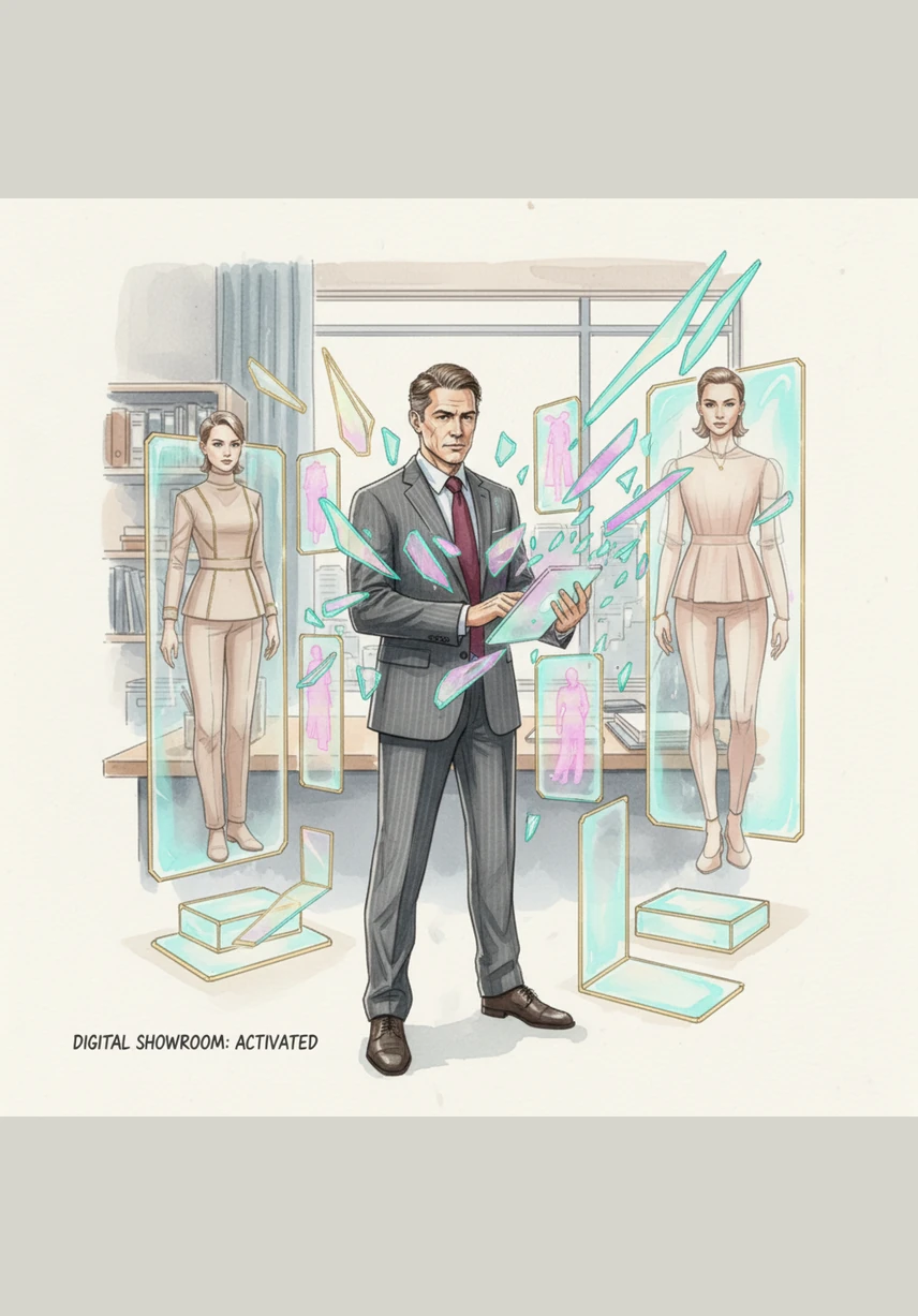 The digital showroom takes shape, a masterpiece of glassmorphism where light bends through frosted surfaces. Floating jars of premium creams and elegant perfume bottles rotate slowly in mid-air, casting soft, realistic shadows on the virtual floor.