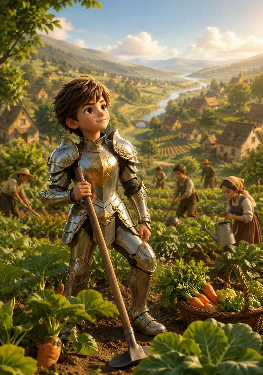 Deep within the Whispering Valley, a peaceful village of gardeners and farmers thrives under the bright, warm sun. A young, hard-working boy named Oliver tends to the vibrant fields, dreaming of grand adventures beyond the horizon.
