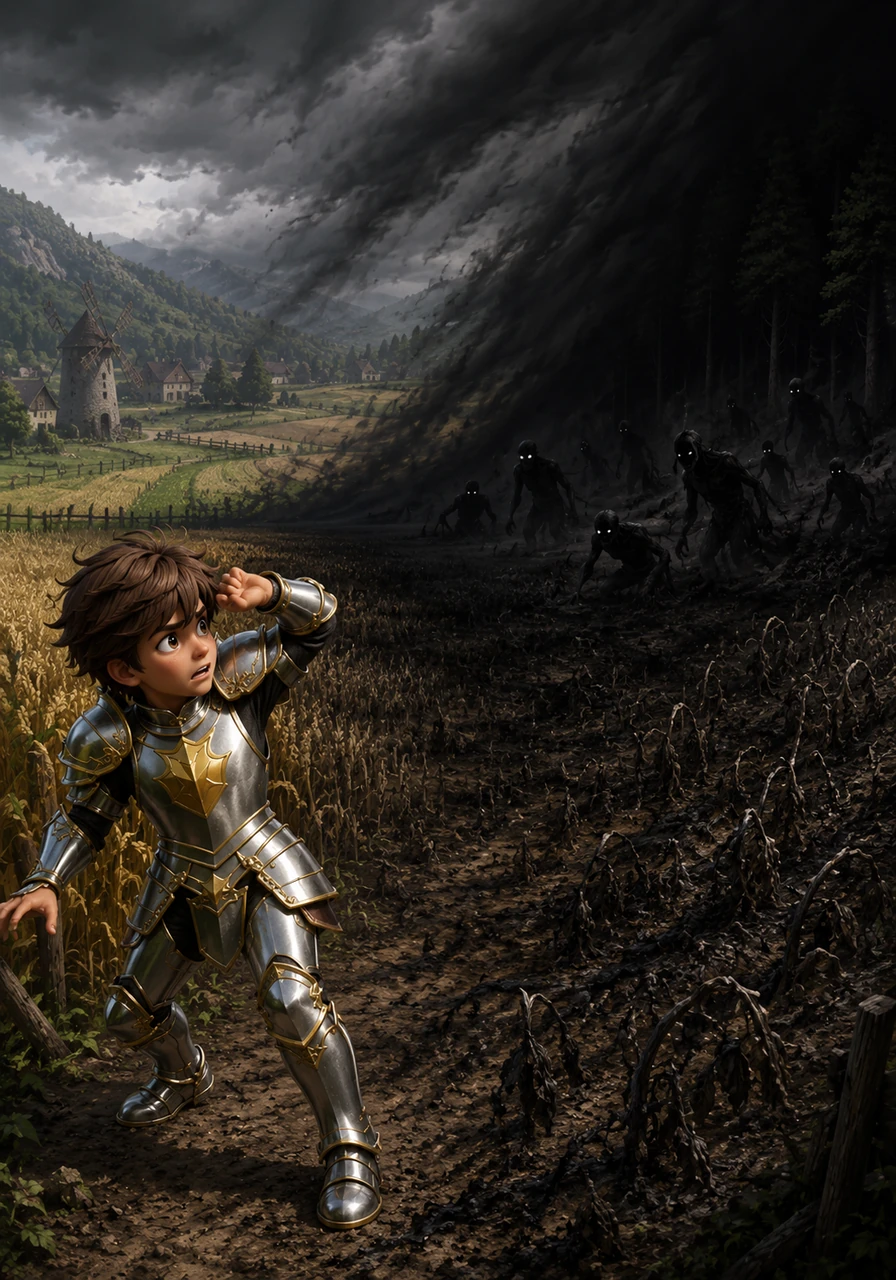 Suddenly, a sudden and unnatural darkness sweeps across the land, blocking out the sun and withering the beautiful crops. Shadowy creatures emerge from the dark forest, threatening to destroy the peaceful valley forever.