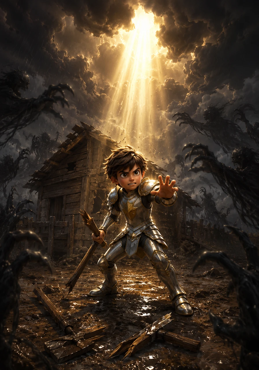 Oliver tries to stand his ground to protect his home, but his simple wooden tools break against the overwhelming power of the shadows. Just as all hope seems lost, a blinding, golden light pierces through the stormy black clouds directly above him.