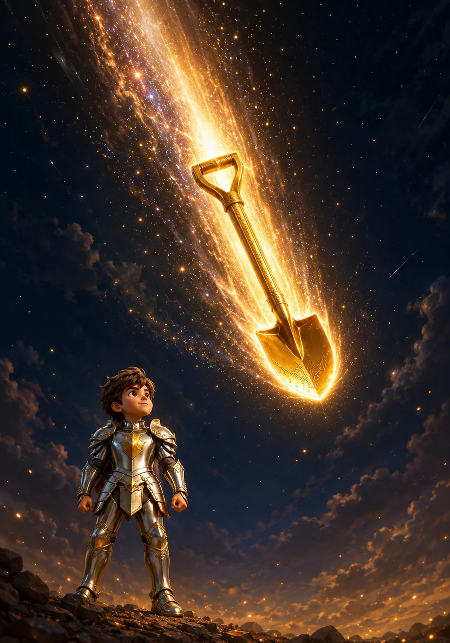 High in the sky, a magnificent, glowing golden shovel descends with incredible speed, spinning like a shooting star. It cuts through the darkness, trailing a brilliant streak of cosmic light and sparks behind it.