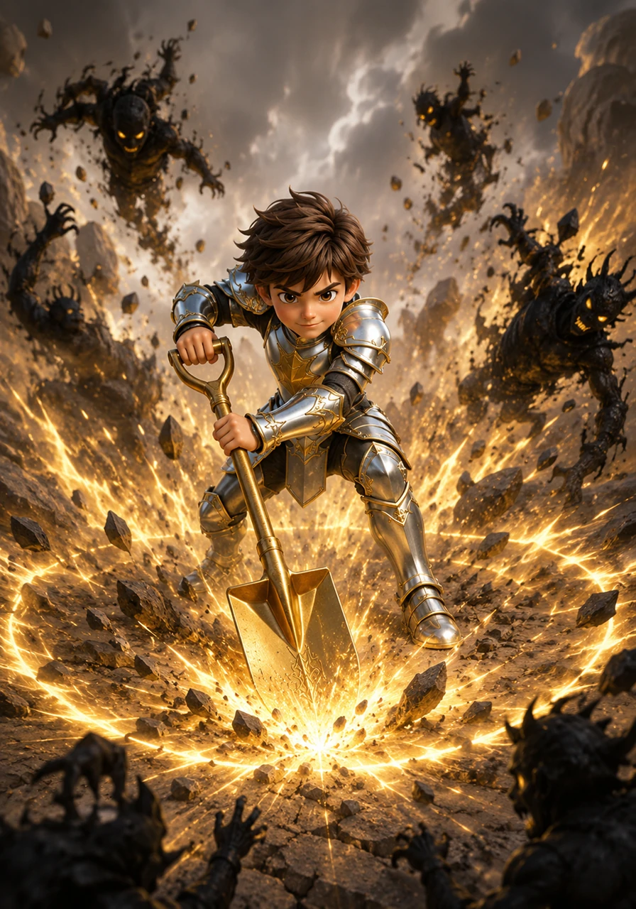 With a deafening roar, the heavy golden shovel crashes into the earth, embedding itself deep and firm into the rocky ground. The impact creates a massive, glowing shockwave that ripples across the terrain, instantly blasting away the nearby shadow creatures.