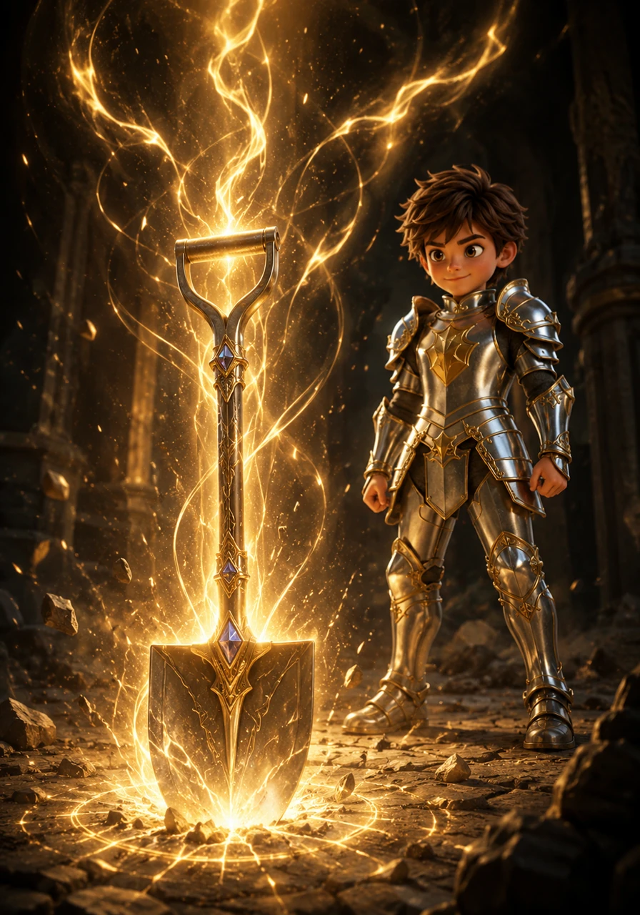 As the dust settles, magic energy pulses from the firmly planted tool, illuminating the area with a fierce radiance. Vibrant, glowing letters manifest in the air right above the weapon, boldly proclaiming: the return of the shovel.
