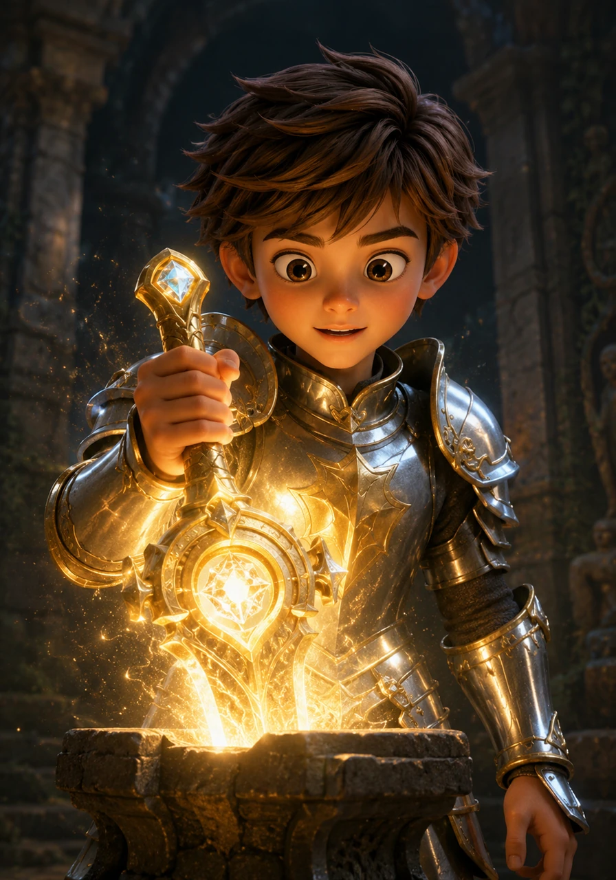 Oliver approaches the glowing artifact with awe, feeling an ancient and powerful energy calling out directly to his brave heart. He reaches out and grips the smooth, golden handle, which perfectly fits his hands.