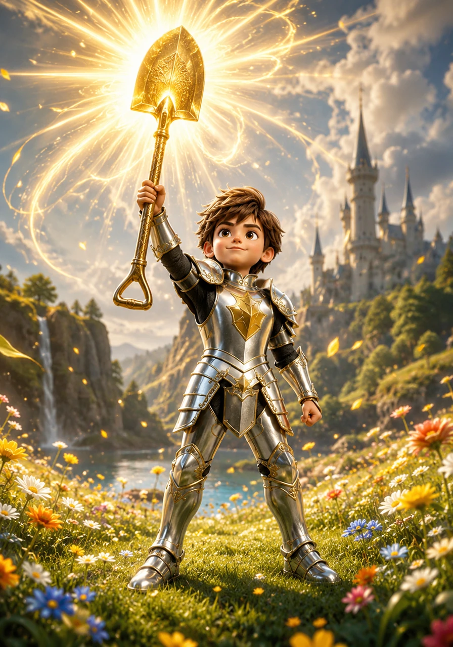 With a mighty pull, Oliver lifts the legendary shovel high into the air, unleashing a brilliant wave of pure light that restores the withered grass and flowers around his feet. The weapon transforms his simple clothes into the shining armor of a legendary guardian.