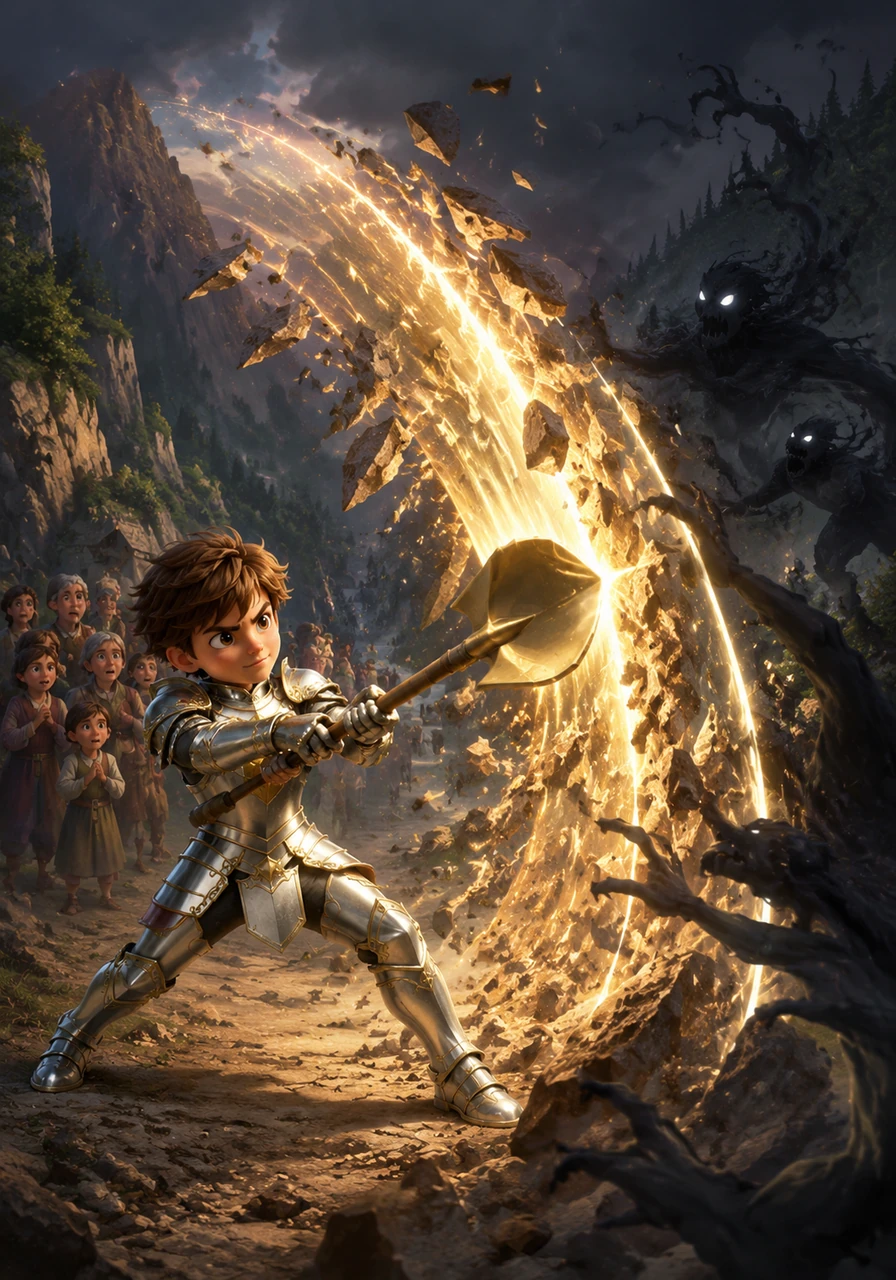 Leading the defense of the valley, Oliver uses the magic shovel to create barriers of stone and waves of light, driving the shadow creatures back into the dark forest. The villagers watch in amazement as their young gardener fights with the strength of a true hero.
