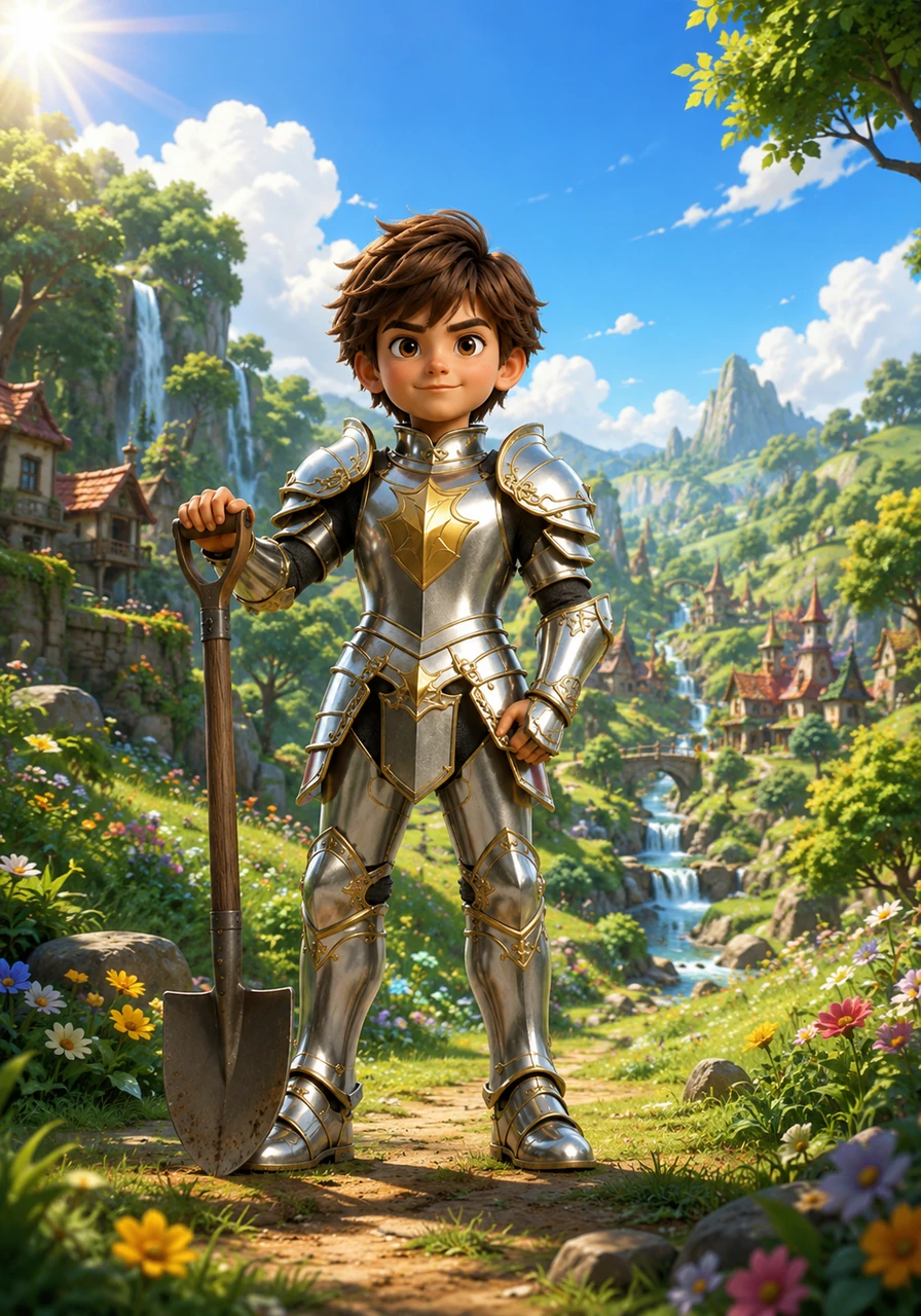 With the darkness banished, the sun shines brightly once more over the rejuvenated, colorful Whispering Valley. Oliver stands proudly with his loyal shovel, ready to protect his beautiful home from any danger that may ever return.