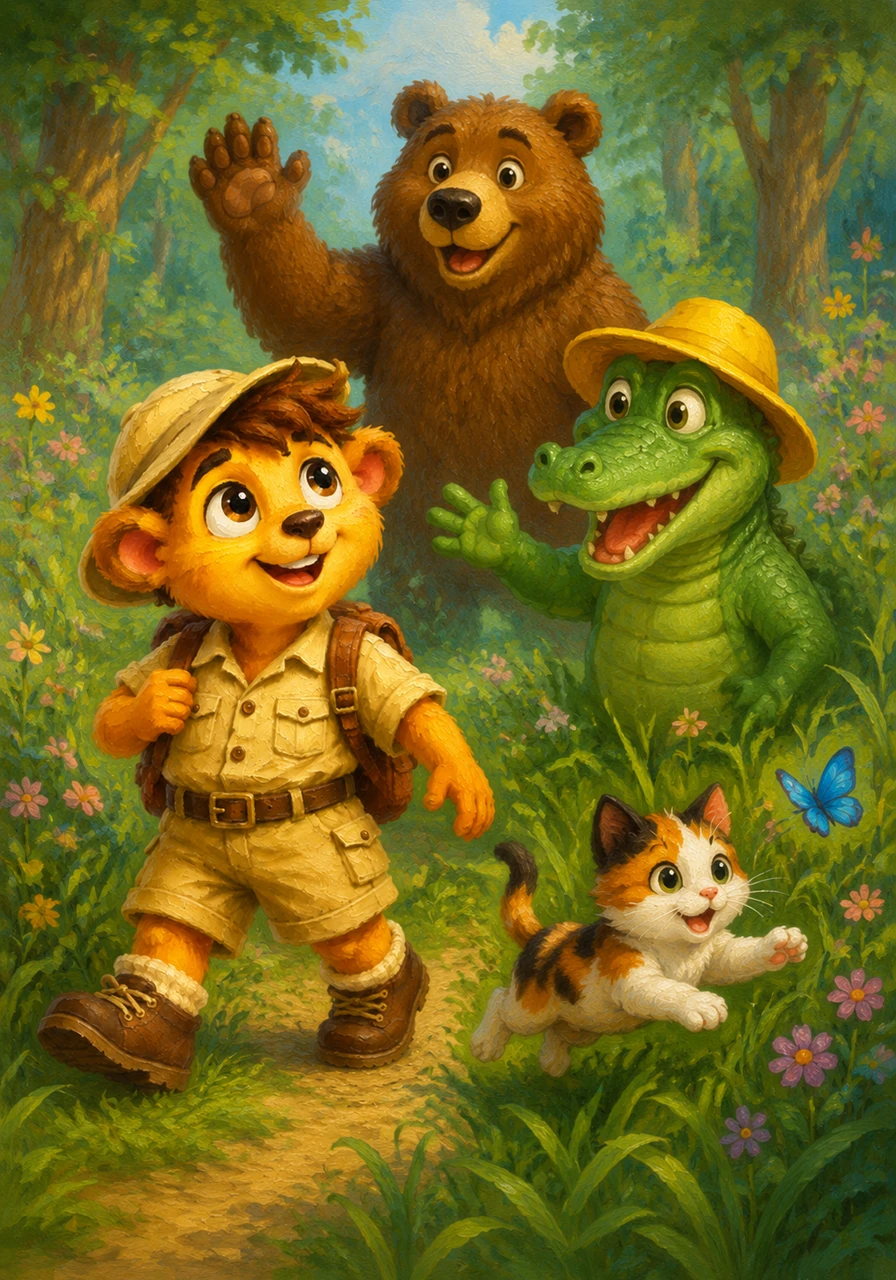 Archie the Explorer steps into a world of color where a friendly Alligator wears a bright yellow hat. A big brown Bear waves a cheerful paw while a tiny Calico Cat chases a blue butterfly through the tall grass.