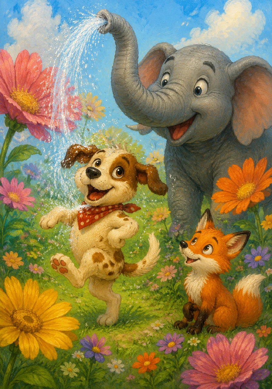 In a meadow filled with giant flowers, a spotted Dog dances to a happy tune. A giant grey Elephant sprays sparkling water from its trunk, and a fluffy orange Fox watches the fun with curious, bright eyes.