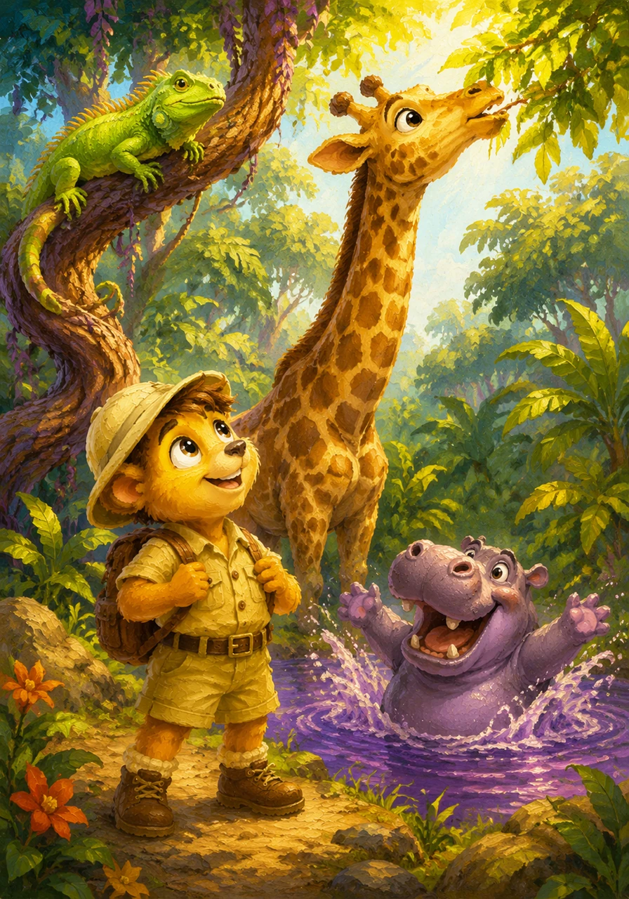 Archie looks up at a tall Giraffe reaching for the sunniest leaves in the jungle canopy. A happy Hippo splashes in a purple pond while a neon green Iguana rests on a vibrant, twisting branch.