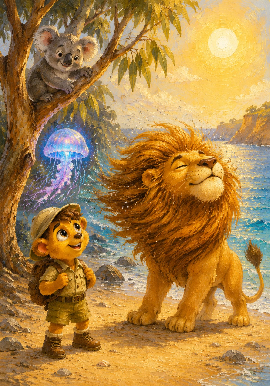 By the edge of the sea, a glowing Jellyfish pulses with light next to a Koala sitting in a gum tree. On the sandy shore, a golden Lion shakes its magnificent mane under a bright, warm sun.