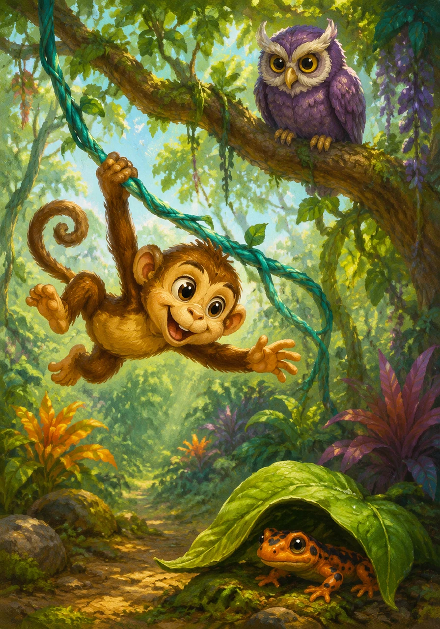 A mischievous Monkey swings from a turquoise vine while a tiny spotted Newt hides under a leaf. High above in the branches, a wise purple Owl keeps a steady watch over the colorful forest floor.