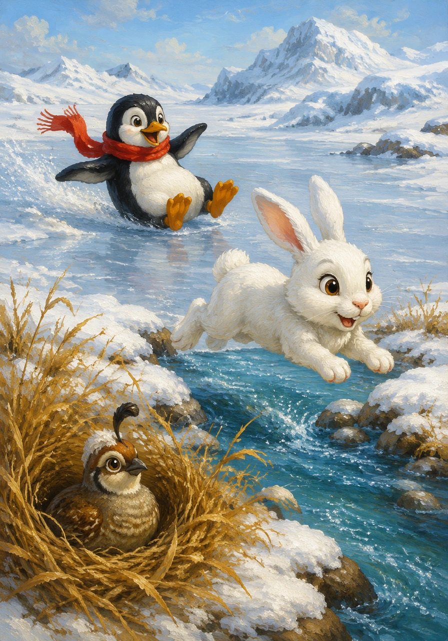 Across the snowy plains, a dapper Penguin slides on the ice wearing a bright red scarf. A small Quail nests safely in the dry grass, and a snowy white Rabbit hops over a sparkling blue stream.
