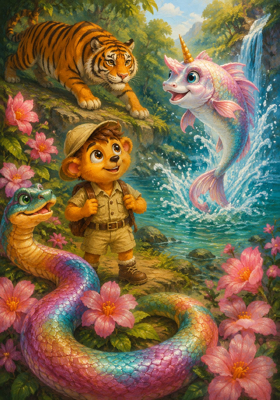 A friendly Snake curves through pink flowers, showing off its beautiful, colorful scales. A striped Tiger prowls gracefully through the jungle, and a magical Unicorn-fish leaps from the splashing water.