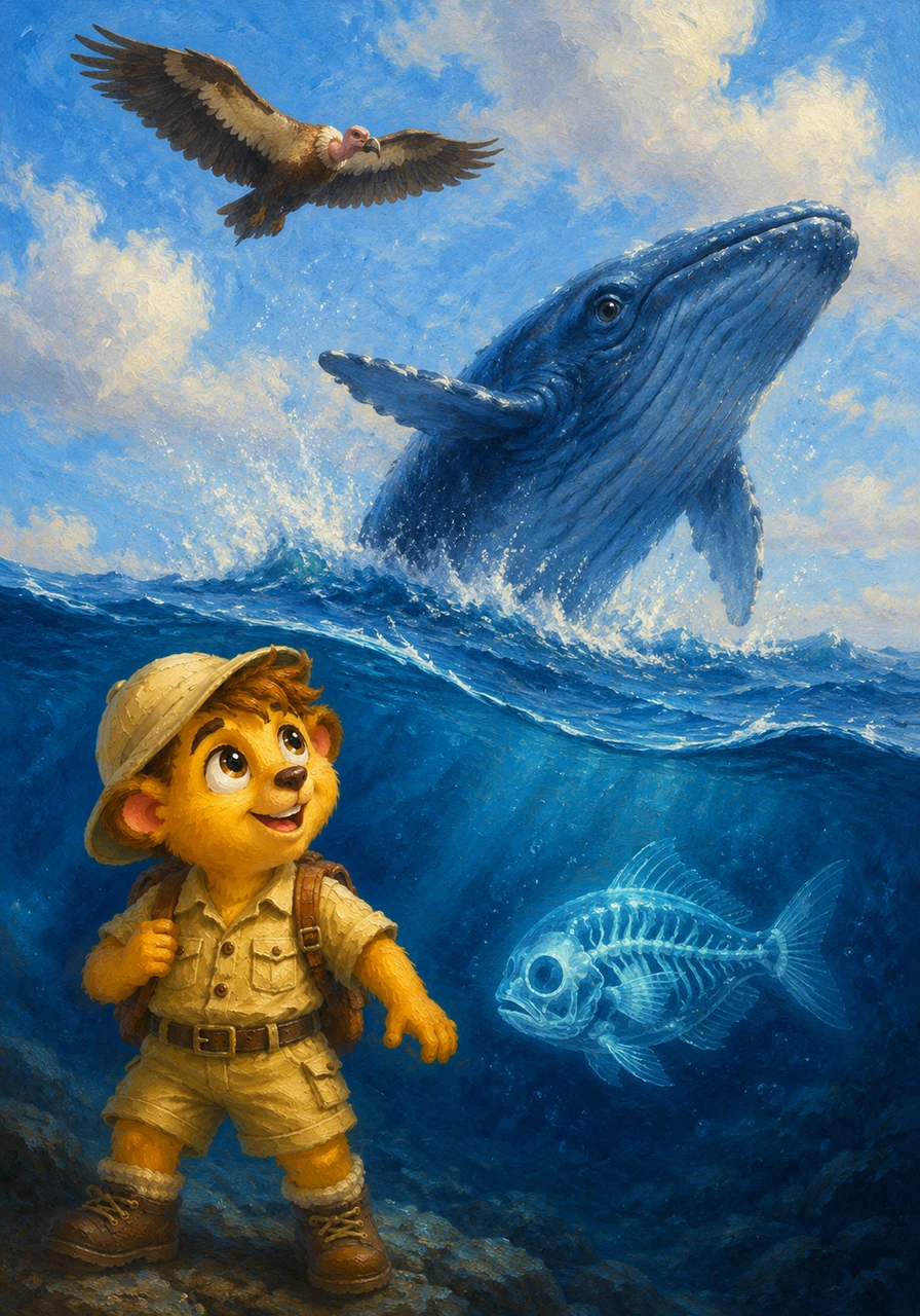 High in the sky, a Vulture soars on the wind currents above a giant blue Whale breaching the surface. Beneath the waves, a translucent X-ray fish glows with a soft, mysterious light in the deep sea.