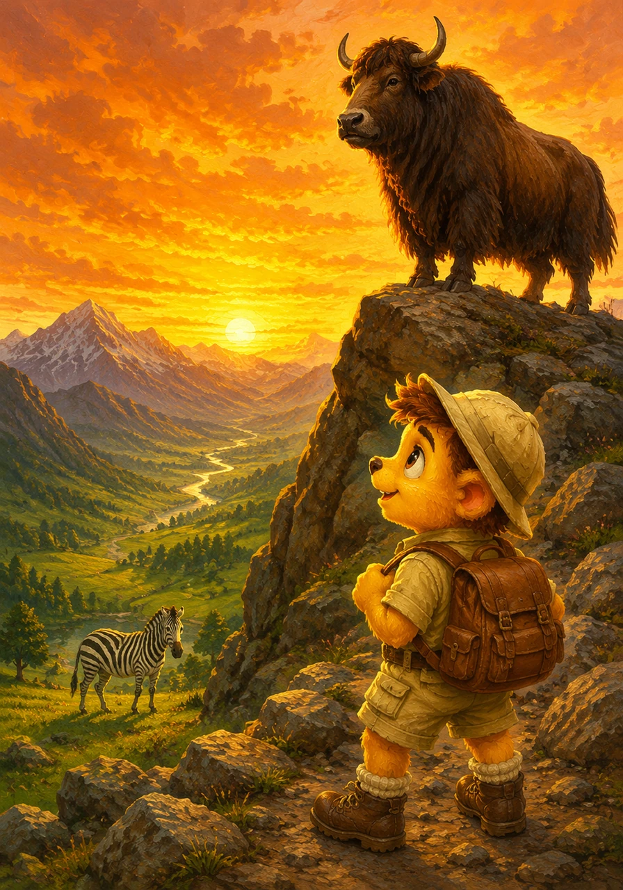 On a high mountain peak, a shaggy Yak stands strong against a bright orange and gold sunset. Down in the valley below, a Zebra shows off its bold black and white stripes against a backdrop of emerald green.