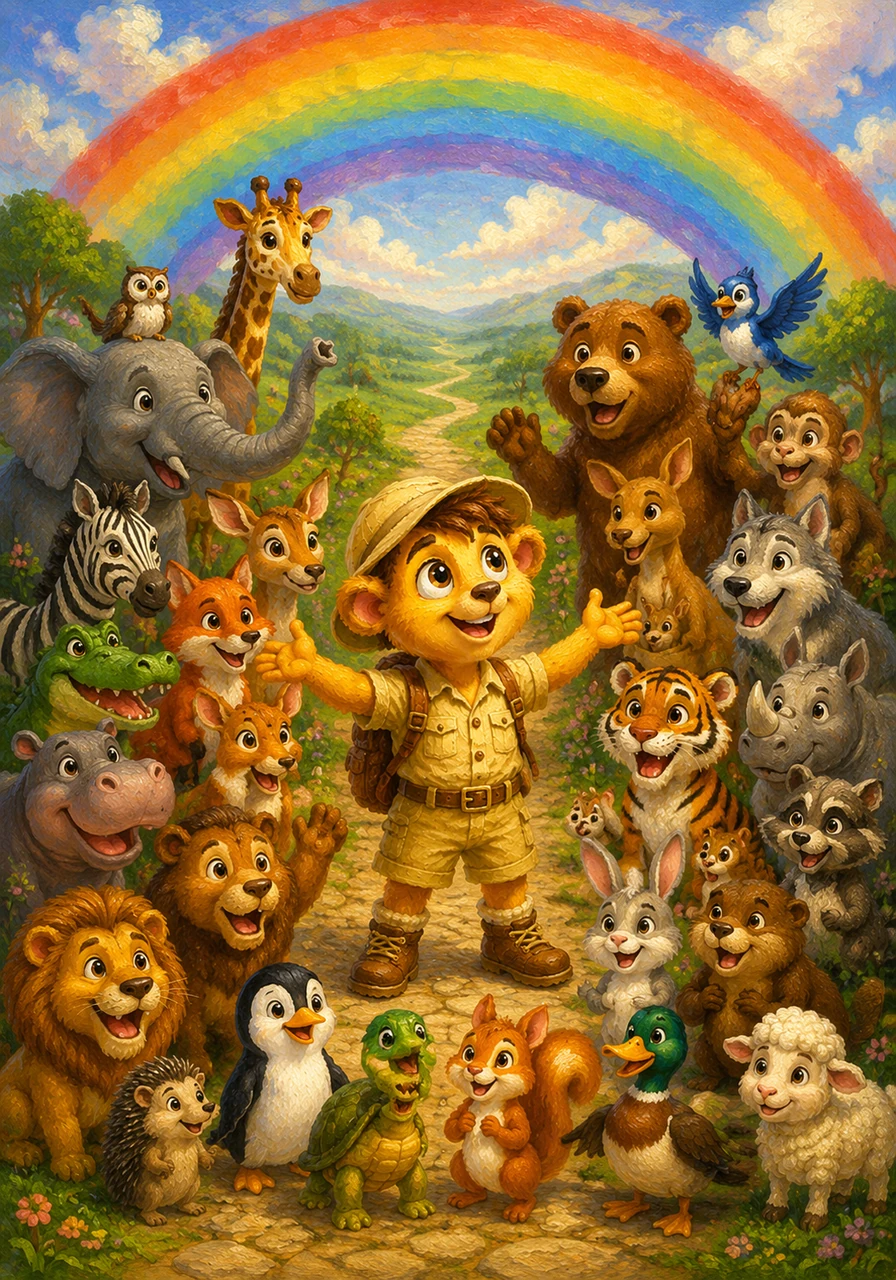 Archie stands at the end of the alphabet road, surrounded by all twenty-six of his new animal friends. A giant rainbow stretches across the sky, celebrating a world full of wonderful letters and colorful life.