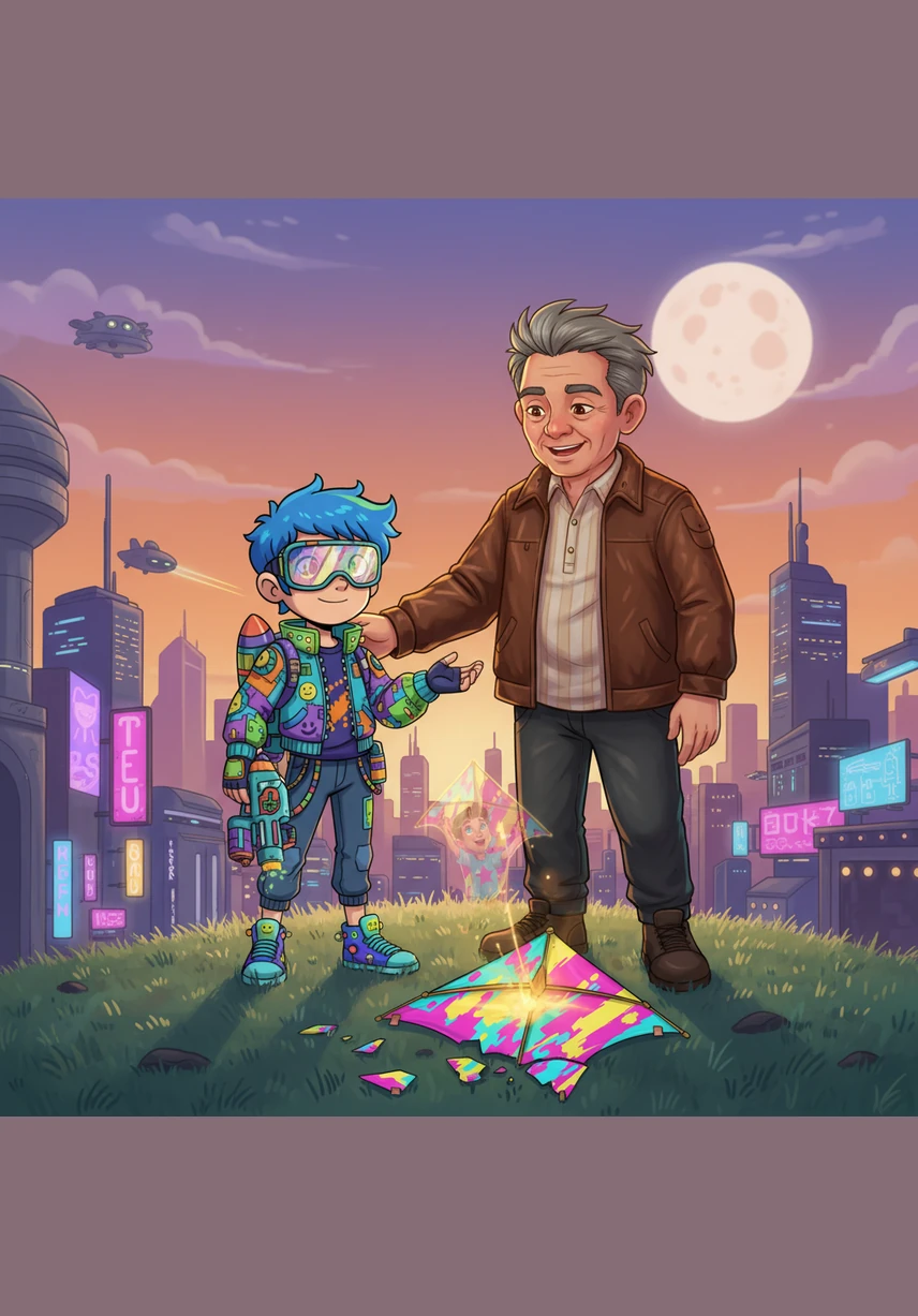 Young Wacky and his Lolo Daddy stand atop the grassy hill of Burol, their faces lit up with excitement. The wind whistles softly as they prepare their colorful kites for flight against a vast, bright blue sky.