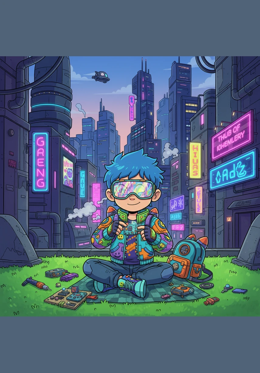 Wacky sits on the grass, surrounded by paper, string, and vibrant paints. He carefully crafts a new kite shaped like a giant star, pouring his imagination into every bright stroke of color.