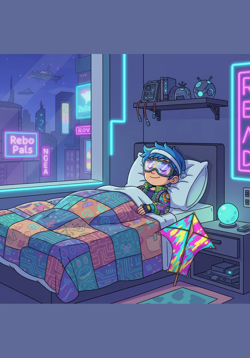 Tucked safely in his warm bed, Wacky closes his eyes and drifts into a deep, peaceful sleep. Beside his bed, his favorite star-shaped kite rests, waiting for the next day's breeze.