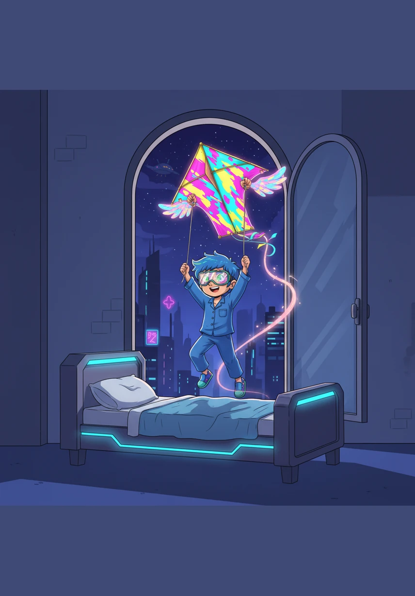 In the middle of the night, a soft magical glow fills the room as the star-shaped kite begins to flutter its wings. It gently lifts Wacky from his bed, carrying him toward the open window and the starry sky beyond.