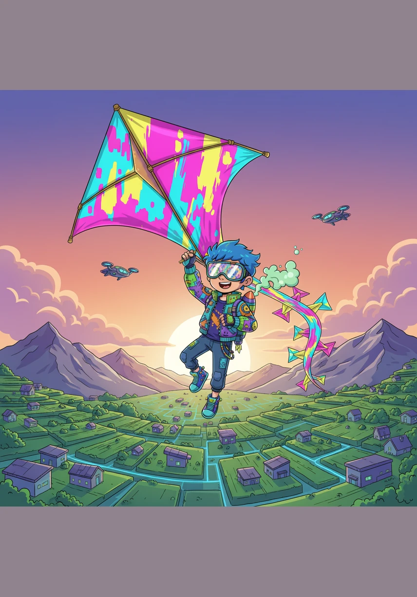 Wacky soars high above the majestic mountains, holding tight to the kite's shimmering tail. Below him, the world looks like a beautiful patchwork quilt of green fields and tiny, glowing houses.