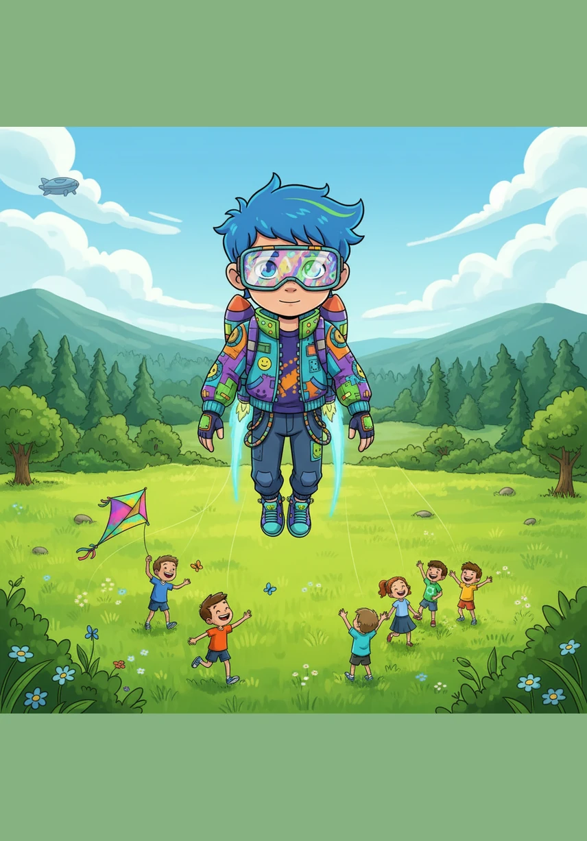From high in the air, Wacky looks down to see children playing in a meadow, their laughter rising up to meet him on the wind. He feels a deep sense of peace as he admires the breathtaking beauty of the natural world.