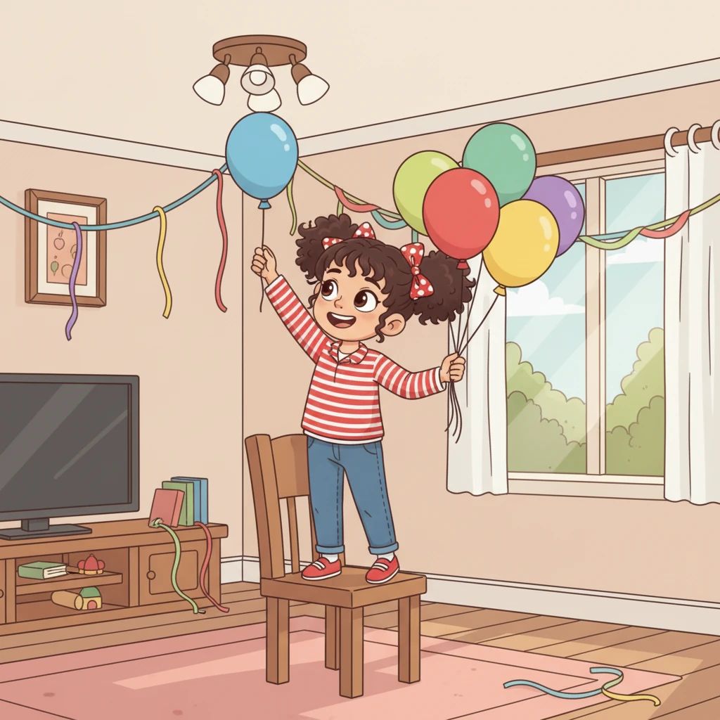 Marta, la migliore amica di Lucia, sta segretamente decorando il salotto con palloncini colorati e festoni. Ha un sorriso complice sul volto, sapendo che la sorpresa sta per iniziare.