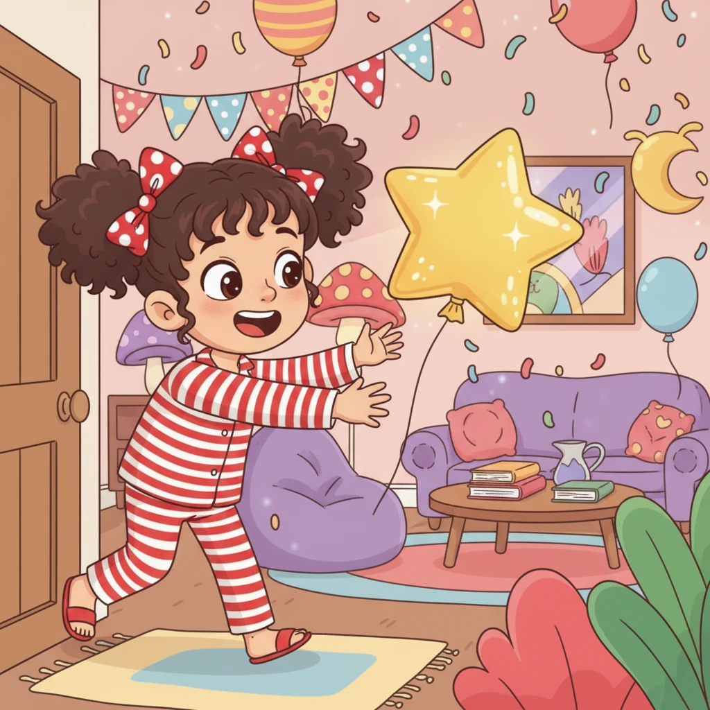 Lucia esce dalla sua stanza, ancora un po' assonnata, e trova il salotto completamente trasformato. I suoi occhi si spalancano per la sorpresa e un sorriso enorme le illumina il viso.