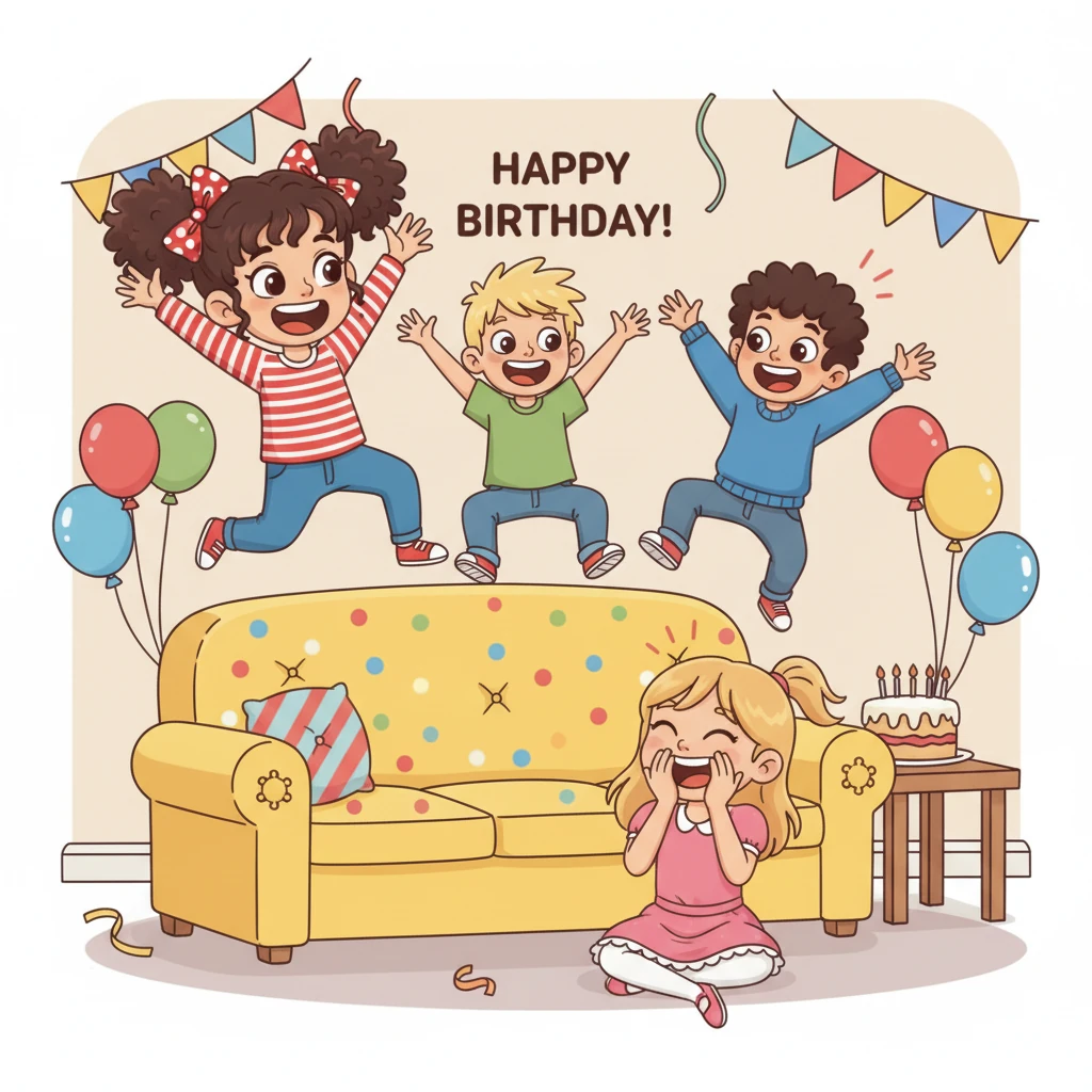 Marta, Mariano e Rita saltano fuori da dietro il divano urlando "Buon Compleanno, Lucia!". Lucia scoppia a ridere, felicissima di vedere i suoi amici.