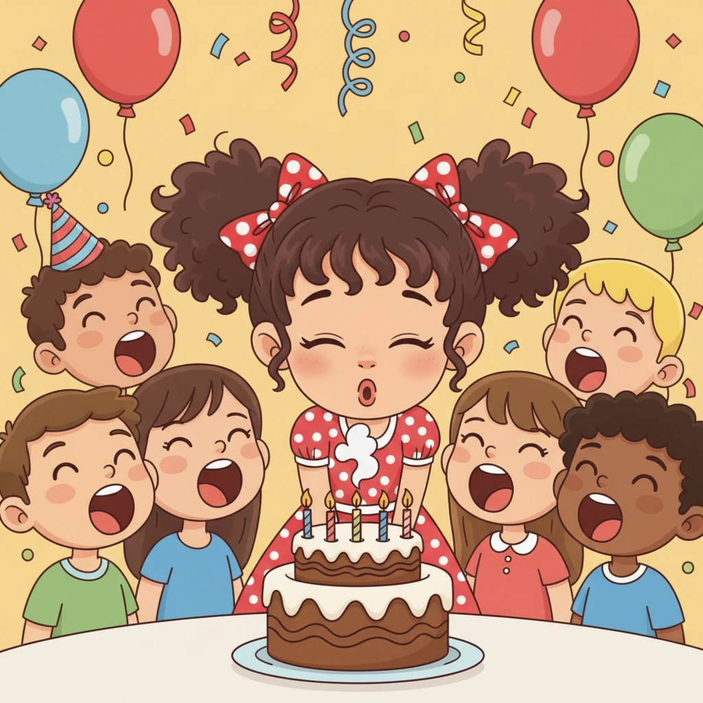 Tutti insieme cantano "Tanti Auguri" mentre Lucia spegne le candeline sulla torta. Il fumo delle candeline sale verso l'alto, e Lucia esprime un desiderio speciale.