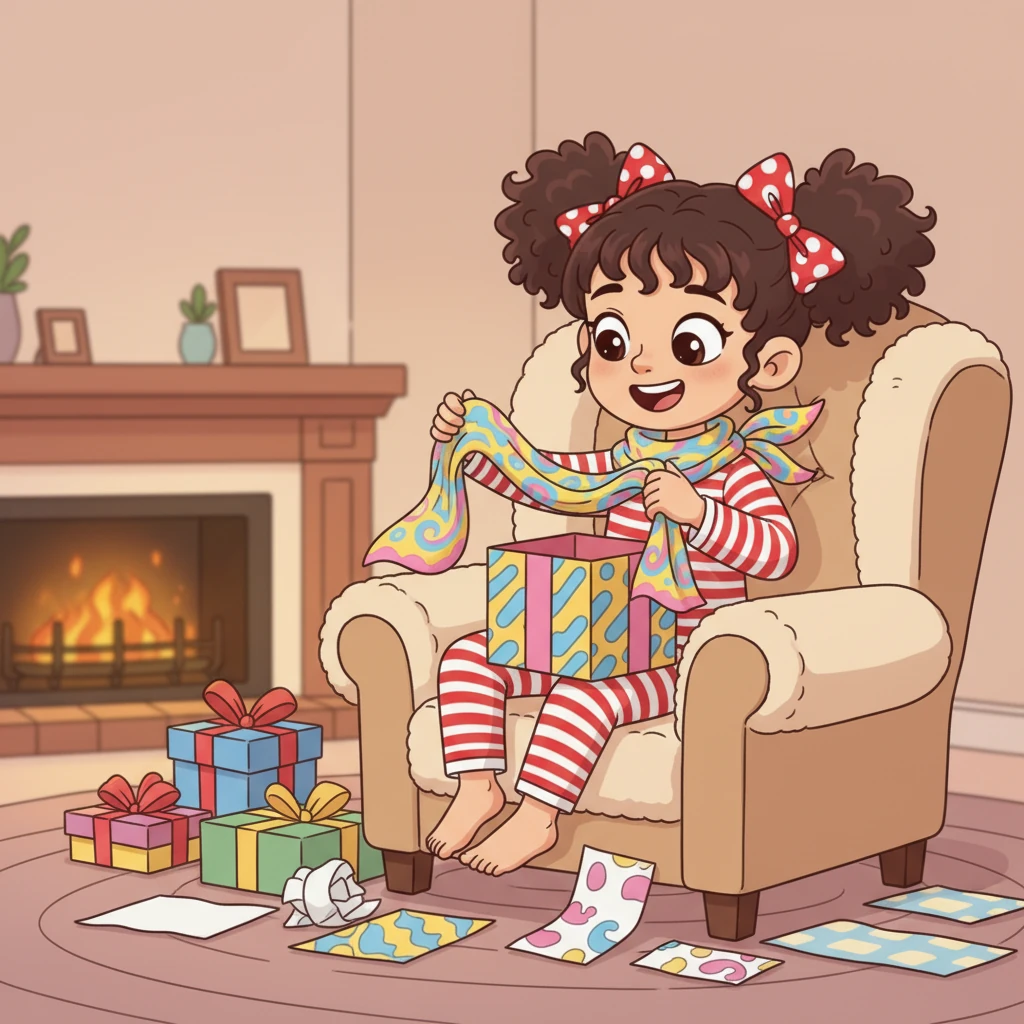 È il momento dei regali! Lucia scarta il pacco di Rita e trova un bellissimo foulard colorato, che indossa subito con gioia.