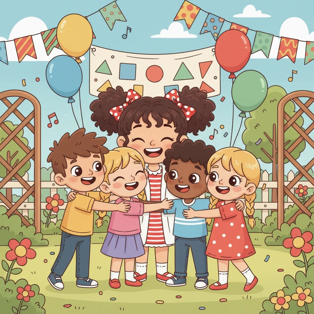 La festa continua con risate, chiacchiere e tanti abbracci. Lucia si sente la persona più fortunata del mondo, circondata dall'amore dei suoi amici. È stato il compleanno più bello di sempre!