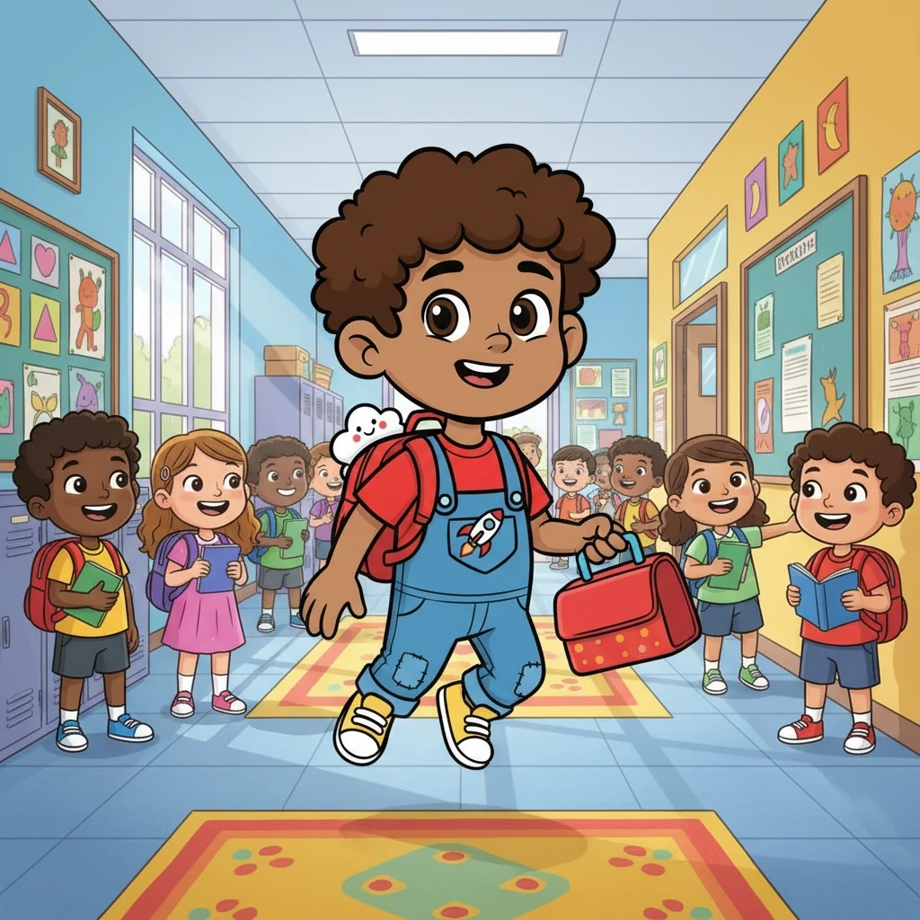 Alex skipped excitedly into the bustling primary school, lunchbox in hand, ready for a fun day. The vibrant hallways echoed with the sounds of children laughing and chatting. Alex, with a bright smile, headed towards the classroom, eager to start the day's lessons.