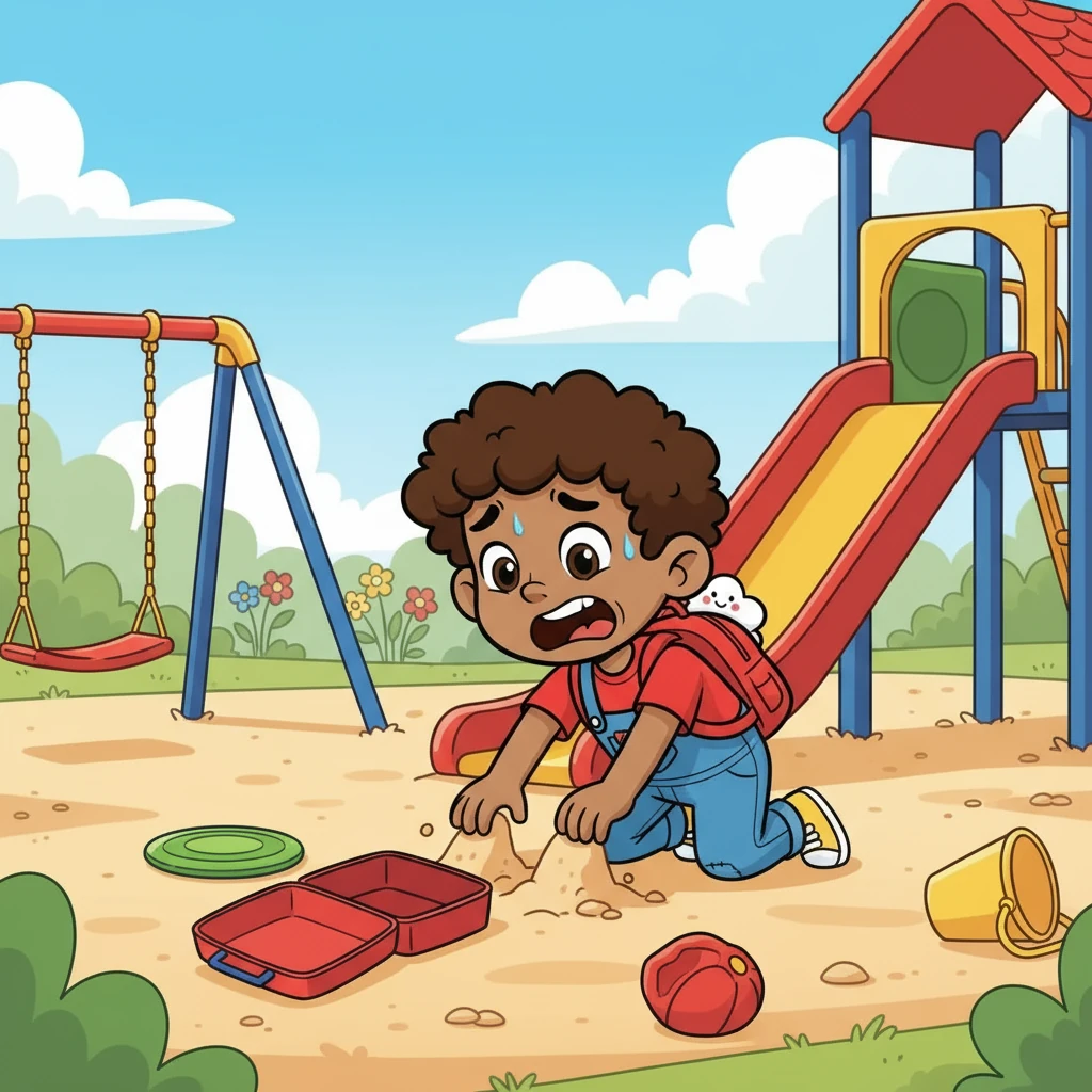 During playtime, Alex realized his lunchbox was gone! Panic surged as he remembered placing it near the playground slide. He frantically searched, his heart sinking with each passing moment, imagining all the delicious snacks now lost.