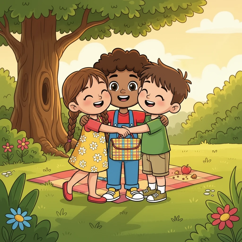 With the lunchbox recovered, Alex, Maya, and Ben shared a triumphant hug. They learned the importance of friendship and teamwork. Alex enjoyed his lunch, feeling grateful for his friends and the exciting adventure they shared.