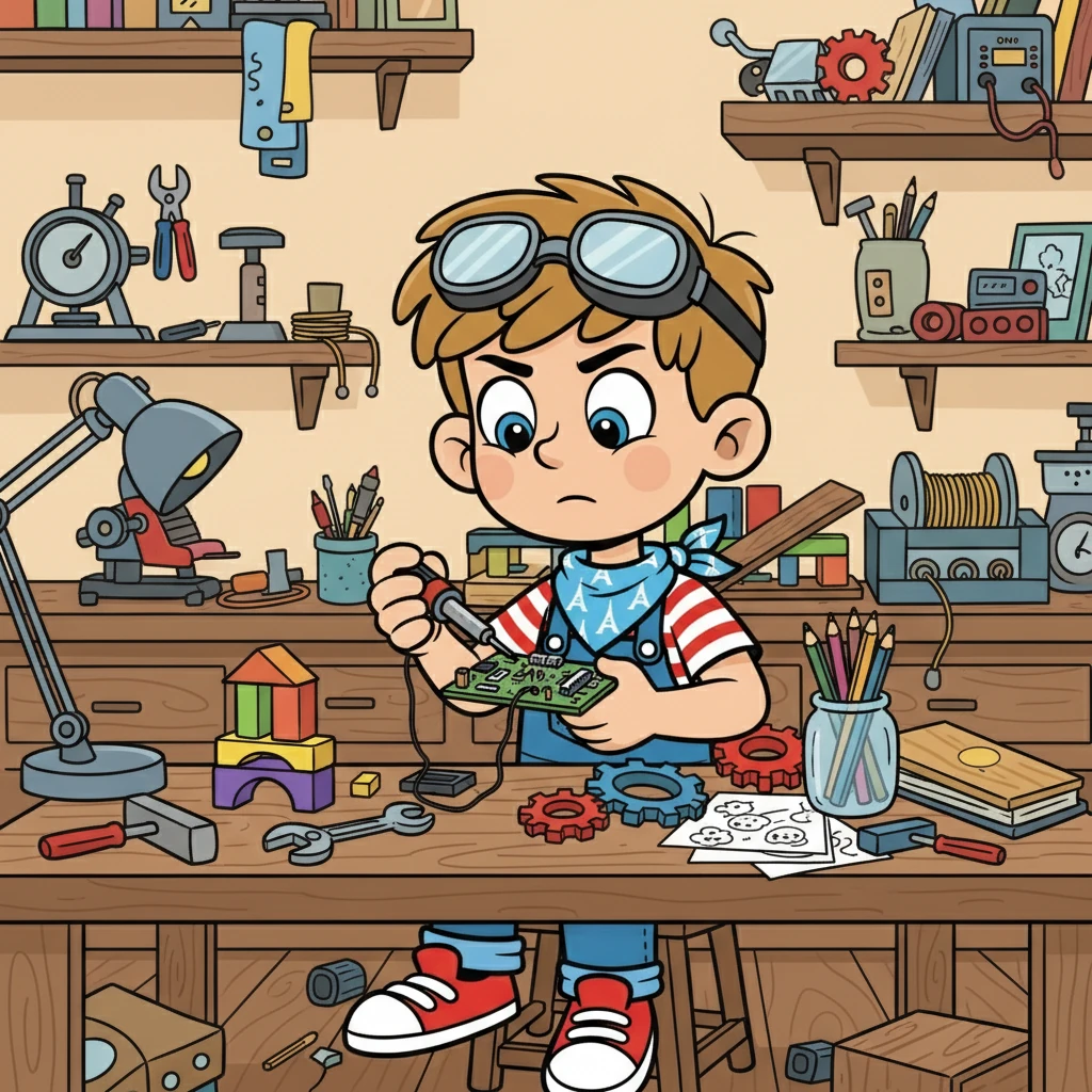 Dans l'atelier en désordre de Christian, des outils de toutes sortes étaient éparpillés. Des circuits électroniques, des morceaux de bois et des rouages rouillés côtoyaient des crayons de couleur et des feuilles de papier. Christian, concentré, soudait méticuleusement des fils.